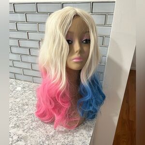 Beautiful Blonde Pink & Blue Ombre Wig Long Waves Lace Wig Natural Look & Feel